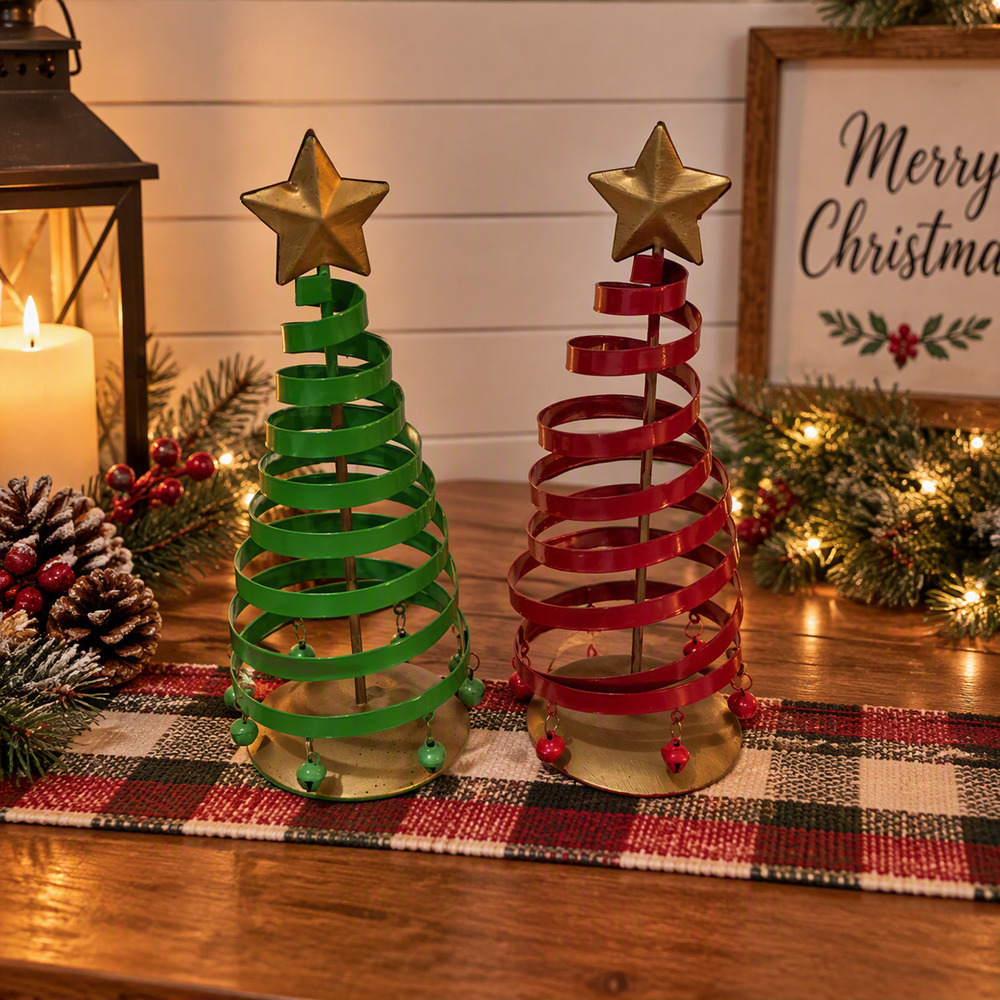 Set of 2 Christmas Tree Spiral Tabletop Green Gold Metal Centerpiece Decor 9"